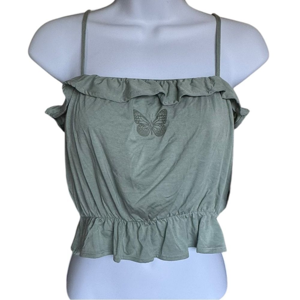 Volcom Sage Green Camisole with Ruffle and Butterfly Accent Small Size